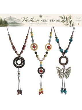 Boho Necklace Set 3 Pack Wood Ring Butterfly Pendant Layered Costume Jewelry